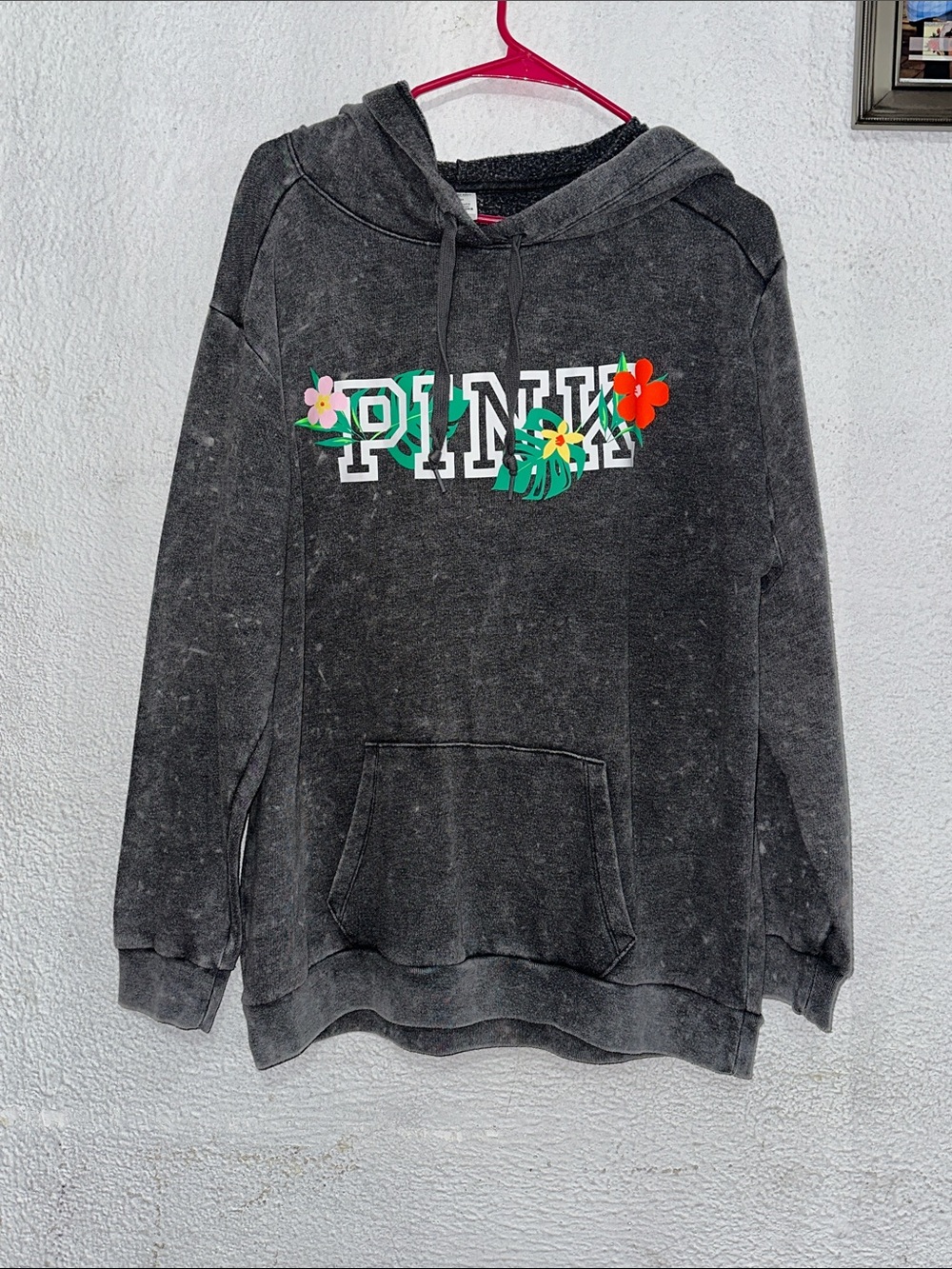 PINK Victoria's Secret Washed Black Hoodie with Floral Logo